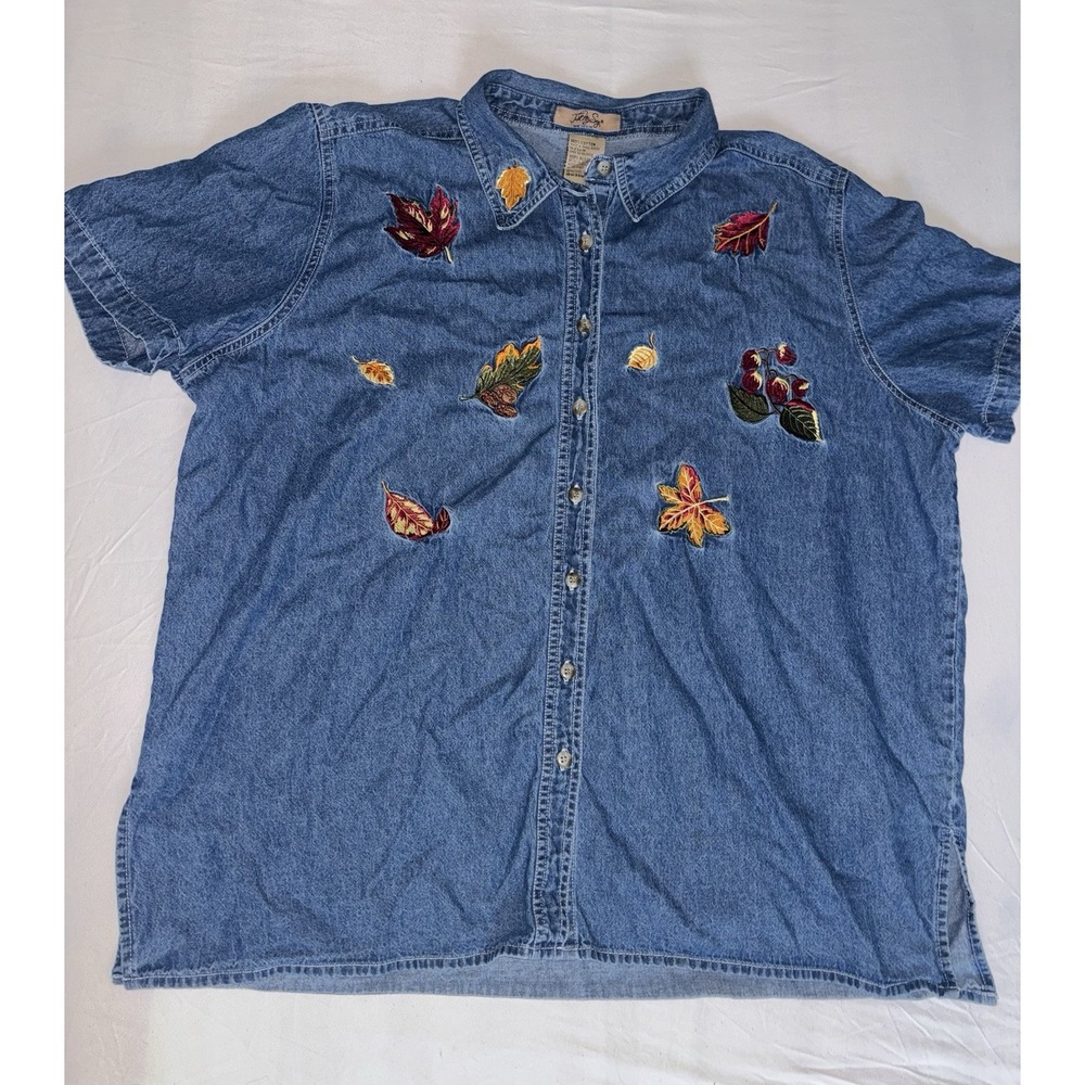 Just My Size Shirt Womens 18/20W Embroidered Fall Leaves 100% Cotton Vintage